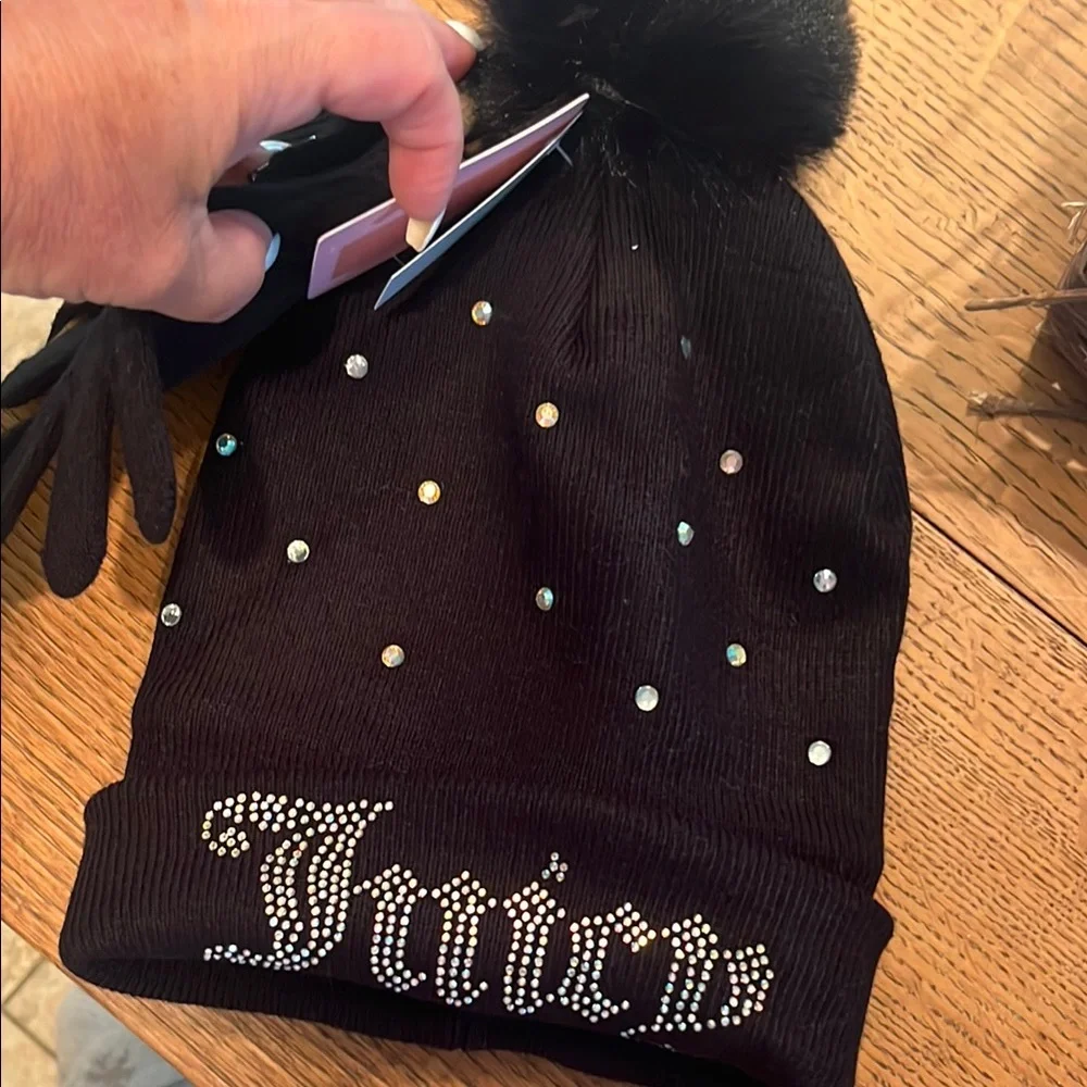 Juicy Couture Black Rhinestone Beanie Hat & Gloves set